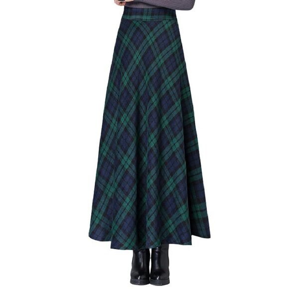 Dresses & Skirts - Warm Wool Plaid A-Line Skirt High Waist Elastic Pleated Long